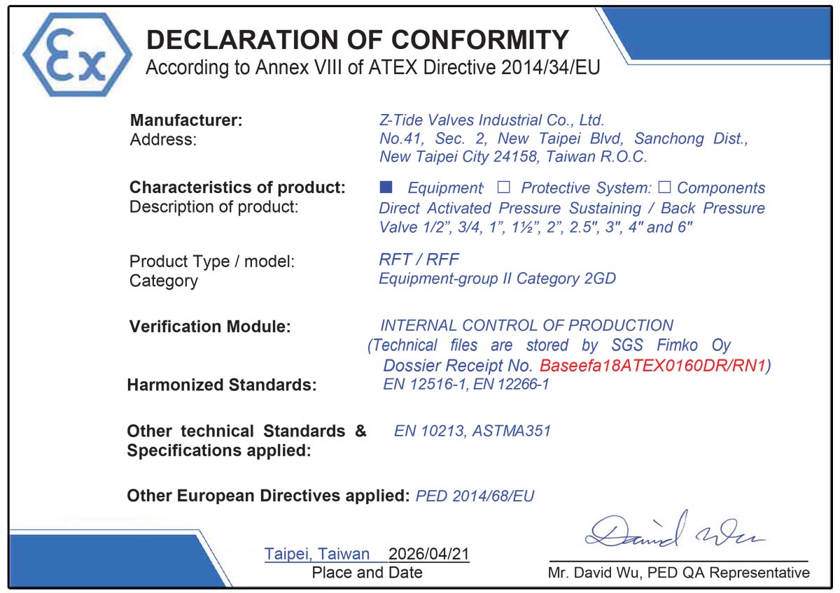 ATEX-certified Z-Tide Direct Acting Pressure Sustaining Valve ATEX-certified Z-Tide Direct Acting Pressure Sustaining Valve