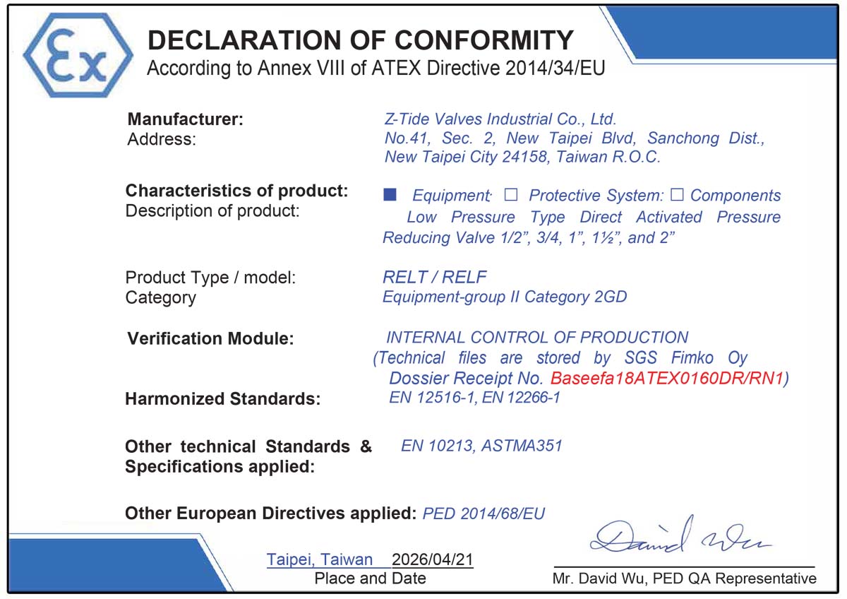 ATEX-certified Z-Tide Low Pressure Type Pressure Reducing Valve ATEX-certified Z-Tide Low Pressure Type Pressure Reducing Valve