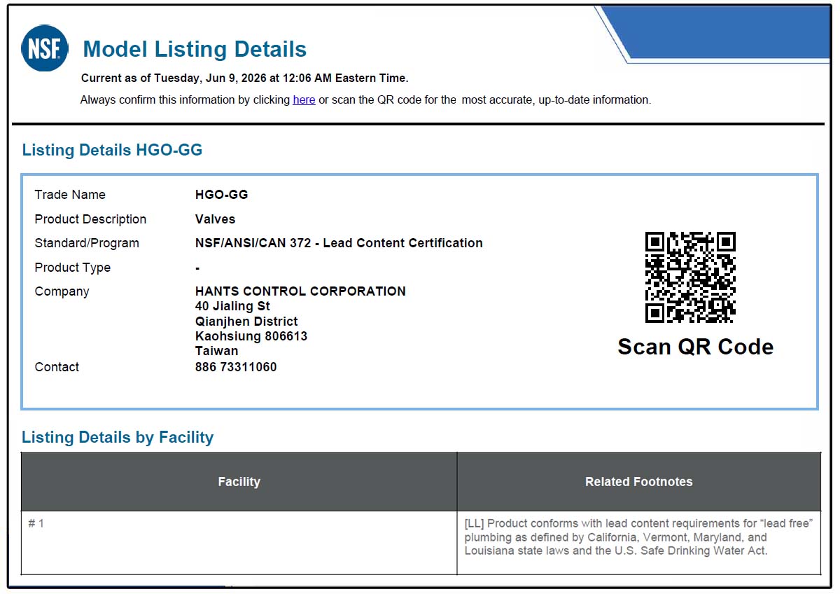 Hants grooved end os&y gate valve certified to NSF/ANSI 372 lead content certification for drinking water system components.